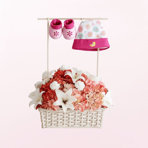 New Born Fresh Flower Arrangement with Baby Boots & Cap INCLUDED - PINK