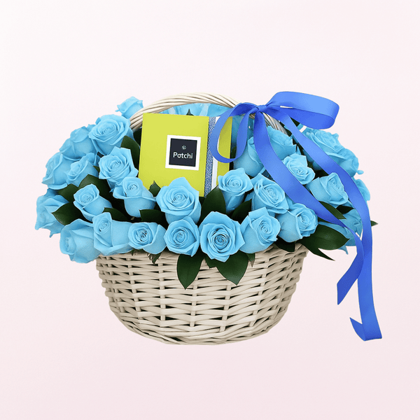 Bluer than Blue Romantic Roses Flower Arrangement with Patchi Chocolate