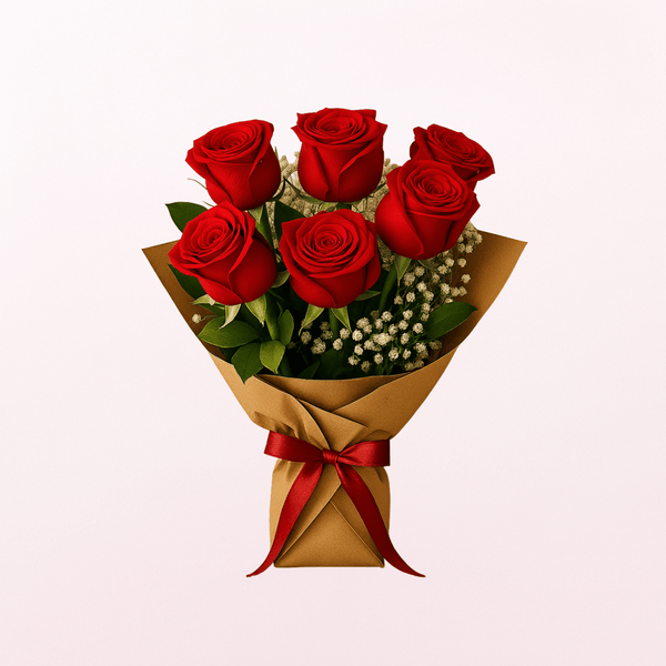 Half Dozen Red Roses Simple Arrangement - 6 Roses