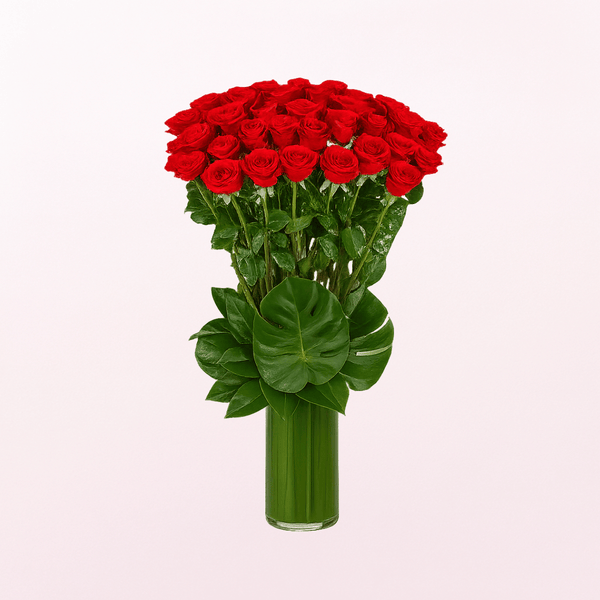 Red Roses Fresh Flower Arrangement in a Tall Glass Vase - 36Roses