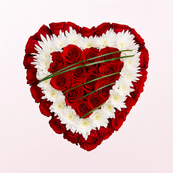 Chrysanthemum & Red Roses Heart Box Flower Arrangement