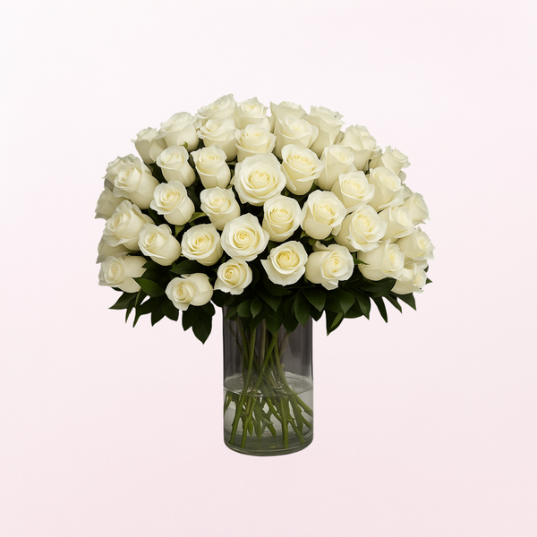 Purity  White Roses on a Glass Vase