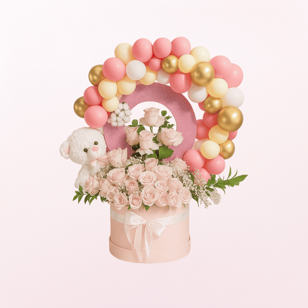 Baby  Girl Teddy Flower Balloon Arrangement