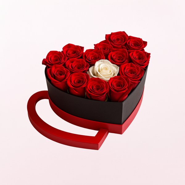 Magical White & Red Roses Heart Box Flower Arrangement 18Roses