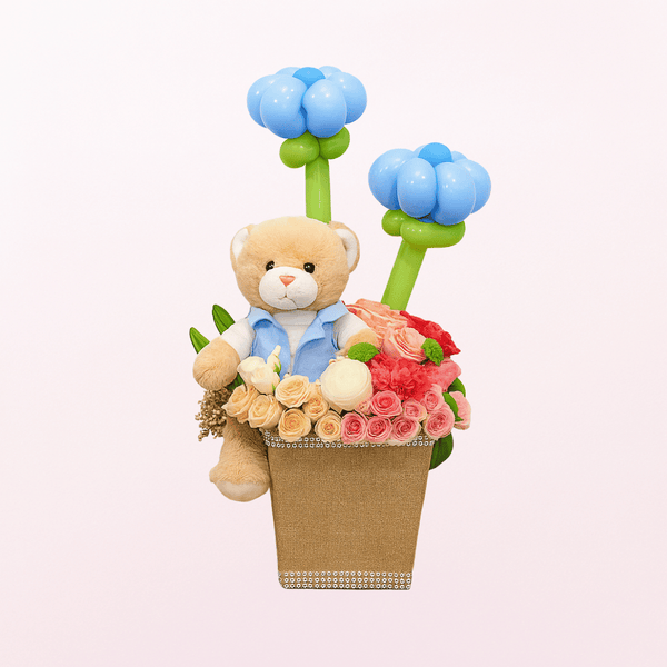 Blooms Baby Girl /Baby Boy Teddy Flower Balloon Arrangement