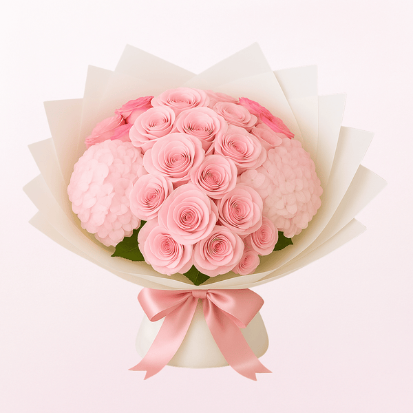 Lovely Pinky Mixed Hydrangea & Pink Roses Fresh Flower Hand Bouquet