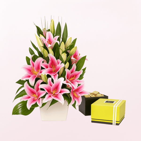 Pink Lily Flower Basket with Patchi Chocolates