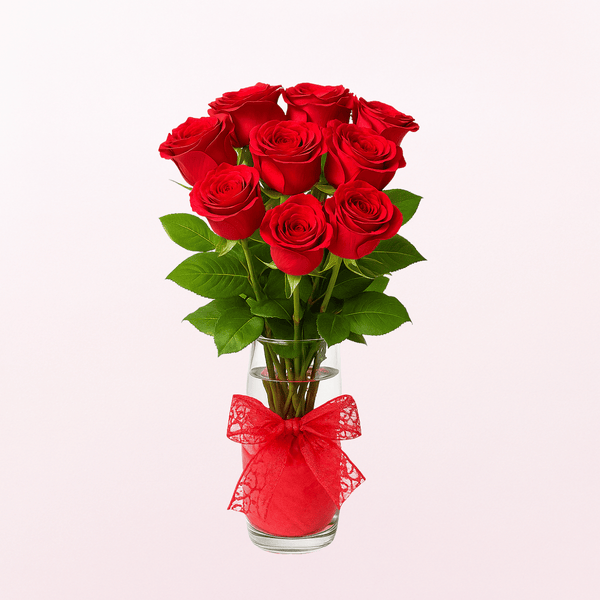 12 Long Stem Red Roses in a Glass Vase