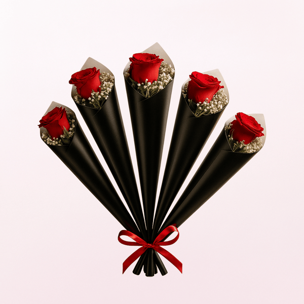Single Red Rose With Gypsophila - Set Of 5 / 15 / 30 / 100