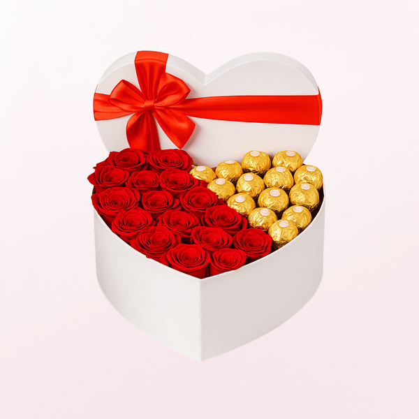 Roses and Ferrero in White Heart Box