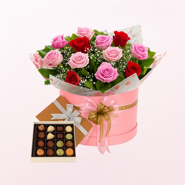 Pink and Red Roses With Chocolates