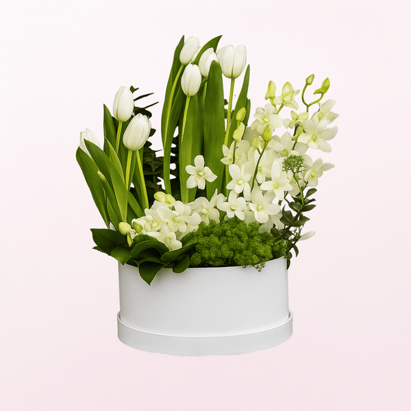 Harmonious Pure White Tulips and Orchids Flowers  Arrangement