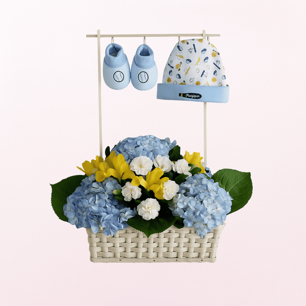 New Born Fresh Flower Arrangement with Baby Boots & Cap INCLUDED - BLUE