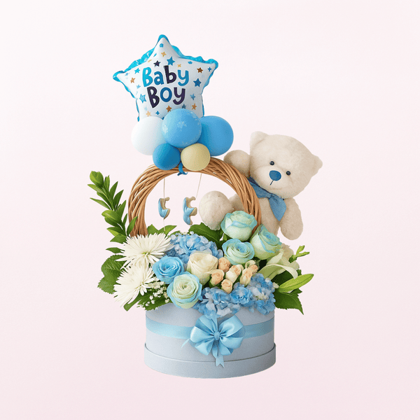Baby Boy Flowers, Balloon and Teddy