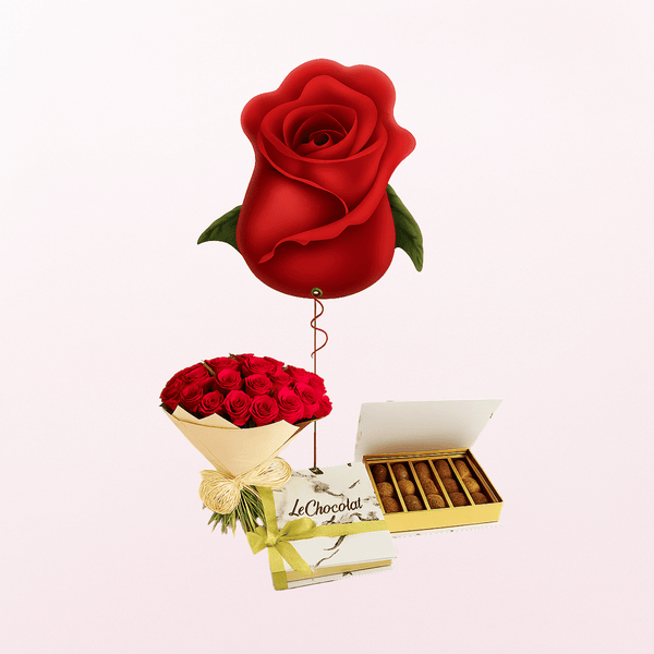 24 Red Roses Hand Tied Rose Bud Choco Combo - 3 in 1