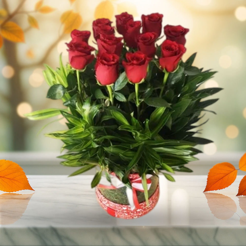 Valentine 11 Red Roses with Greenery