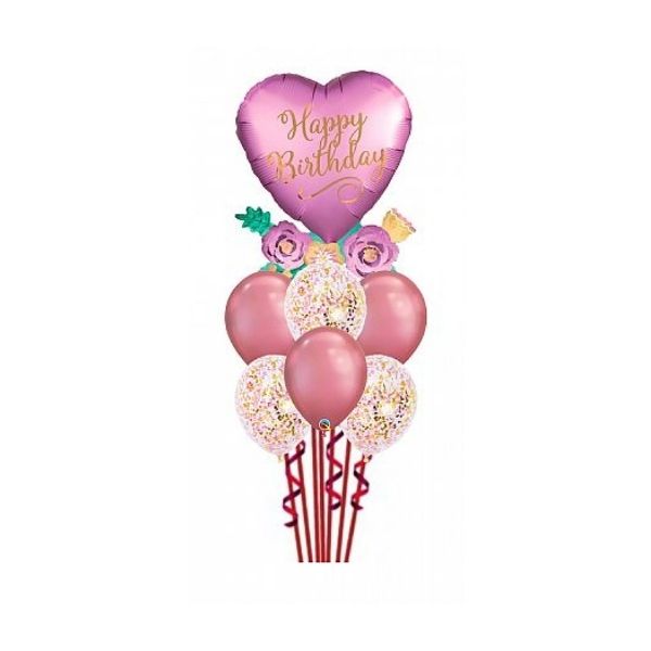 BIRTHDAY SATIN HEARTS CHROME AND CONFETTI BALLOON BOUQUET