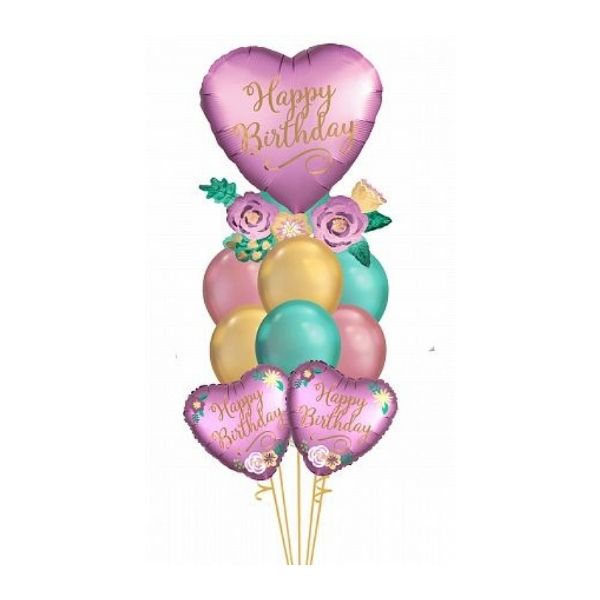 BIRTHDAY SATIN HEARTS AND CHROME BALLOON BOUQUET