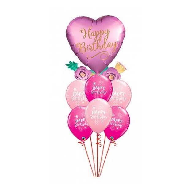 BIRTHDAY SATIN HEARTS WITH FLOWERS AND PINK BDAY SPARKLE BALLOON