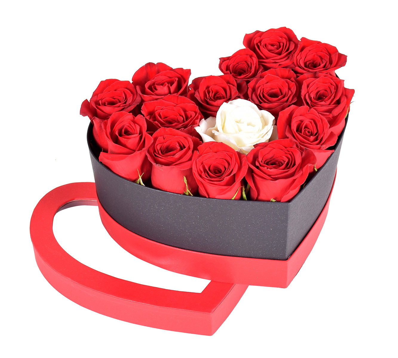 Magical White & Red Roses Heart Box Flower Arrangement 18Roses