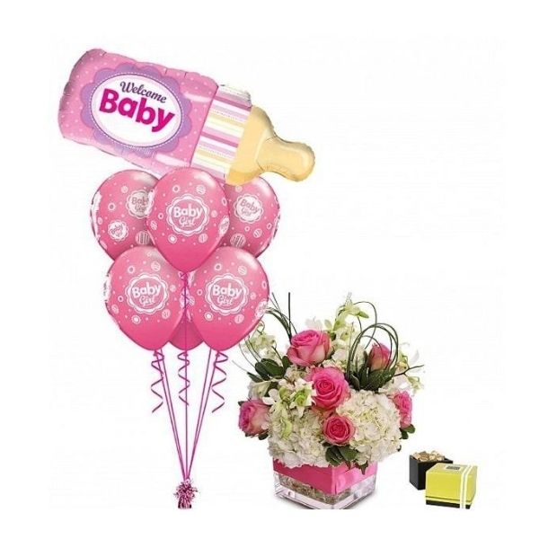 Luxury Baby Girl Flowers with Balloons & Chocolates