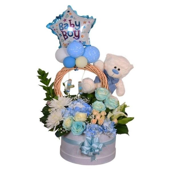Baby Boy Flowers, Balloon and Teddy