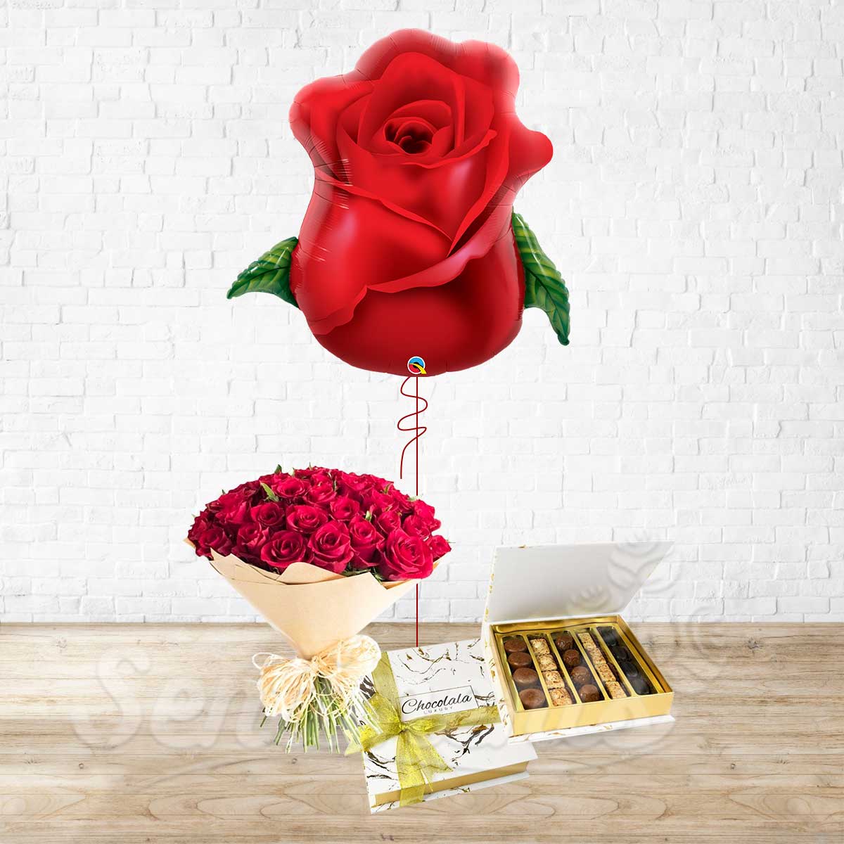 24 Red Roses Hand Tied Rose Bud Choco Combo - 3 in 1