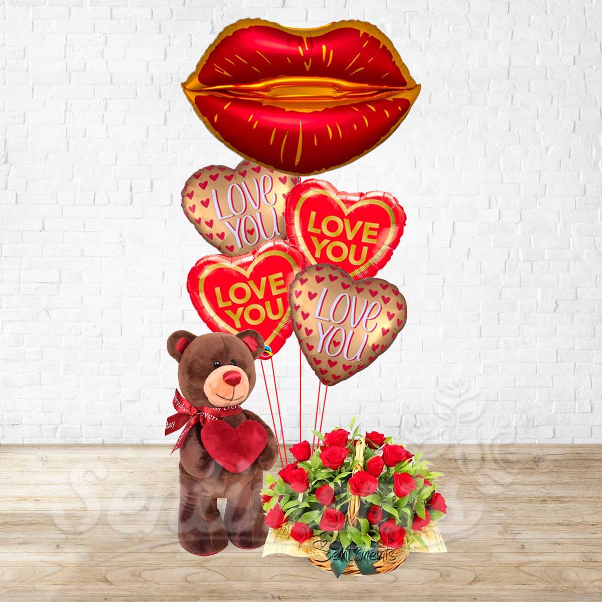 Satin Smoochy Lips Big Teddy Basket of Love  Combo - 3 in 1