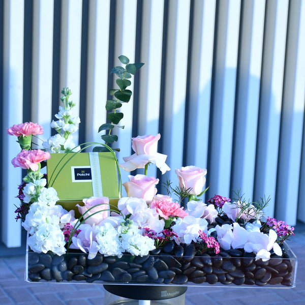 Sweets & Roses  on a Acrylic Tray Flower Arrangement PRE-ORDER 1DAY In Advance