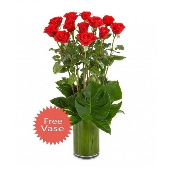 12 Long Stem Red Roses in a Glass Vase