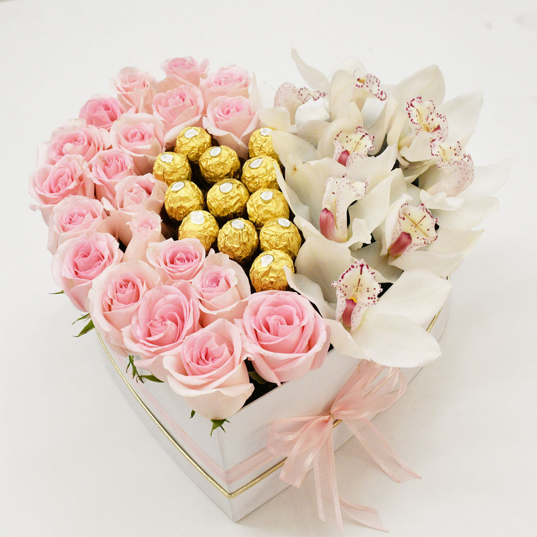 Pink Cymbidium and Tulips Heart Box