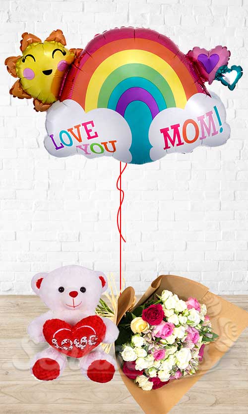 I Love You Rainbow MOM White Teddy Mixed Flowers Combo 3-in1