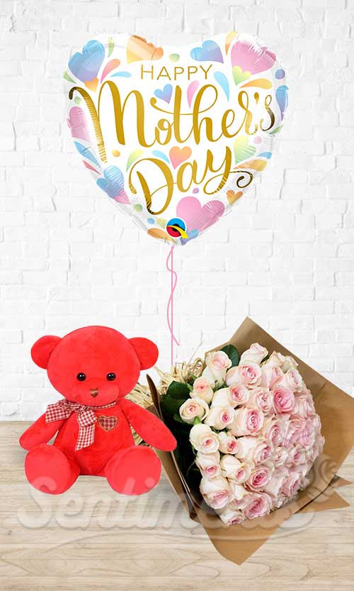 Mother's Day Pastel Heart Red Teddy Roses Combo 3-in1