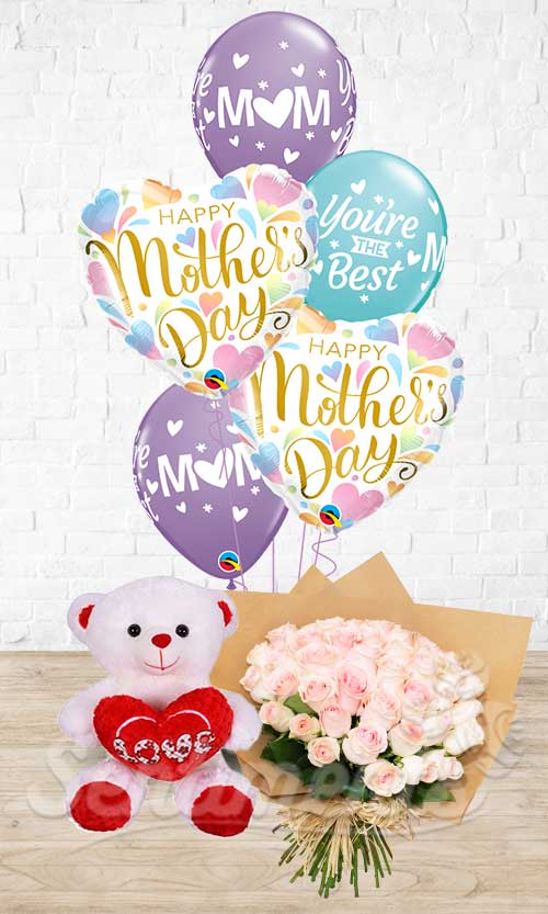 Mother's Day Pastel Heart Love You Mom  White Teddy Roses Combo 3-in1