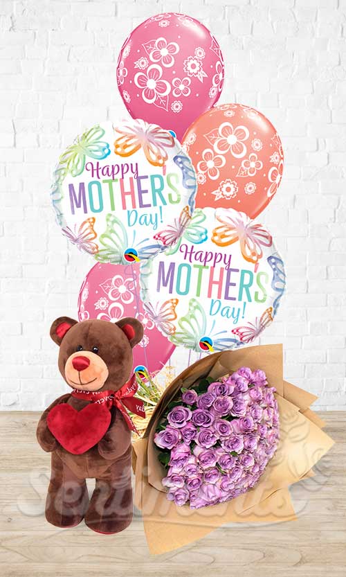 Mother's Day Colorful Butterfly Floral Blossoms BVg Teddy Roses Combo 3-in1