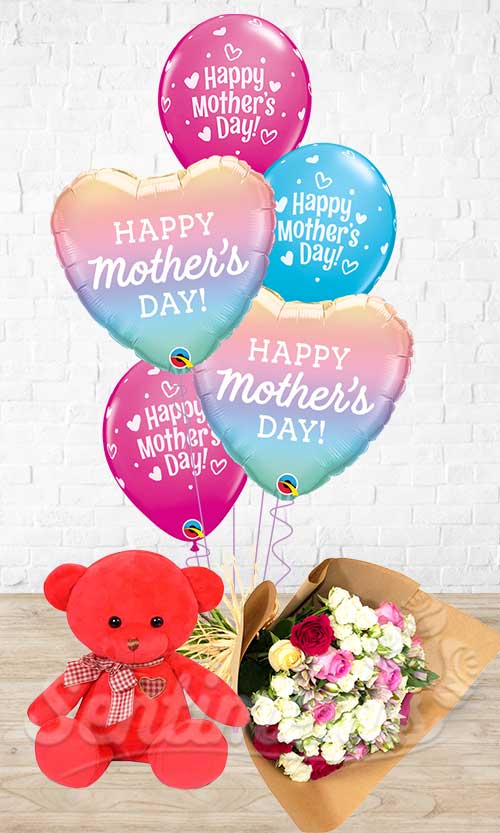 Mother's Day Pastel Ombre Red Teddy Mixed Flowers Combo 3-in1